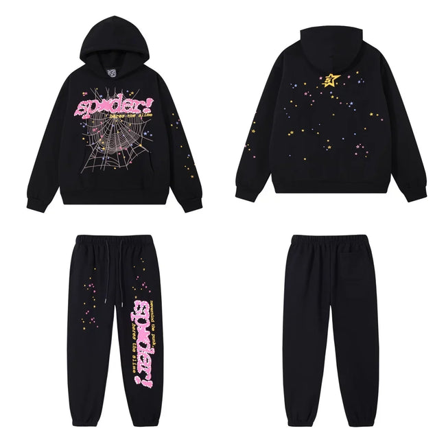 SP5DER Web Graphic Pullover Hoodie and Sweatpants Matching Set - Black / Pink Hover Image