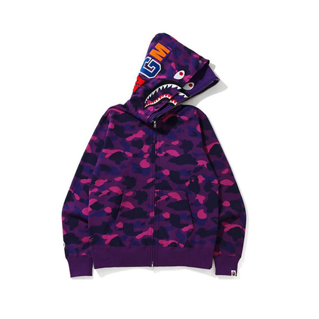 Bape Double Hood Shark Full Zip Hoodie Purple Camo Hover Image